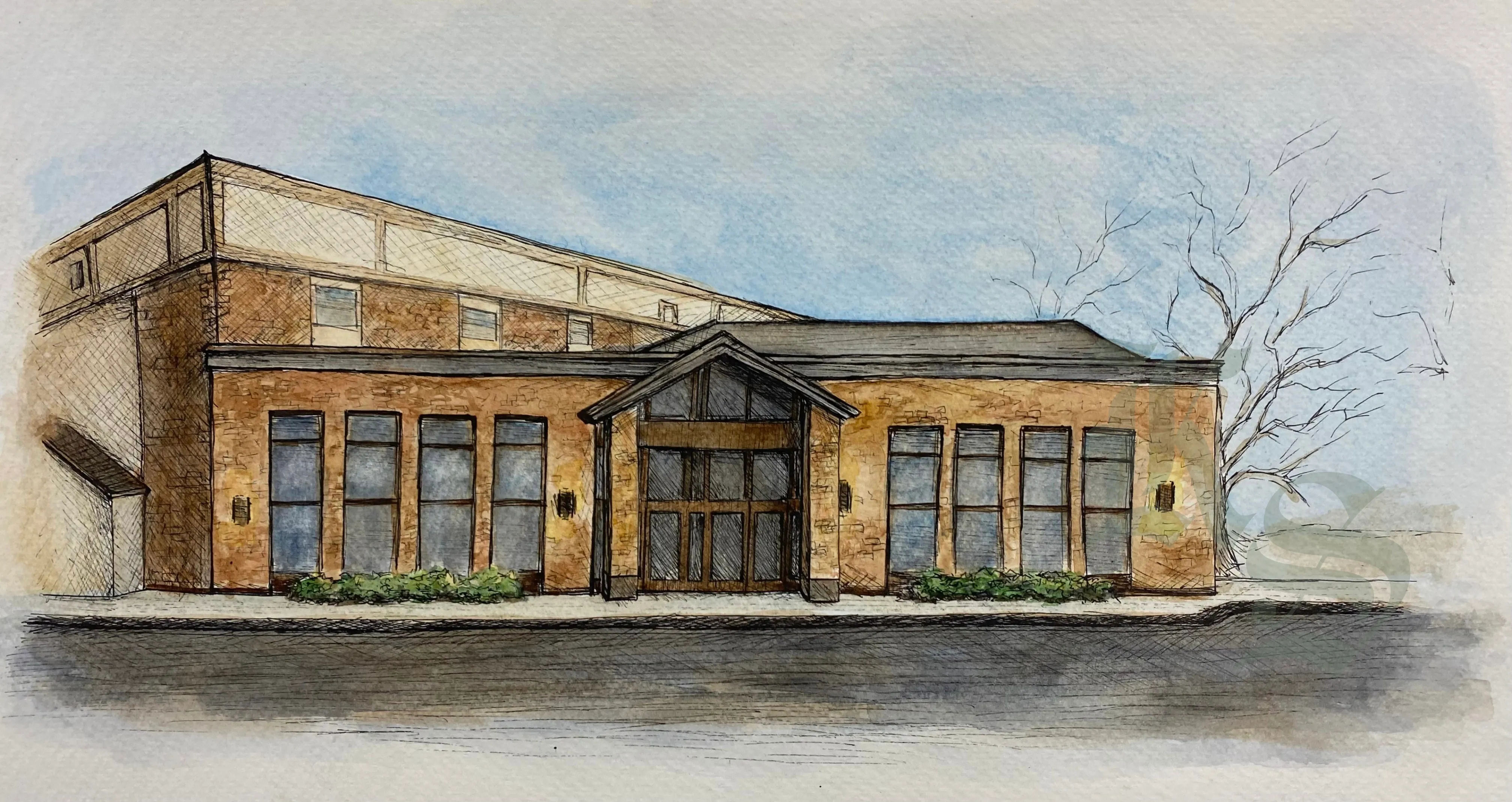 Watercolor and ink architectural rendering of a single-storey brick building with a gabled timber entryway, planted beds along the facade and a bare tree to one side.