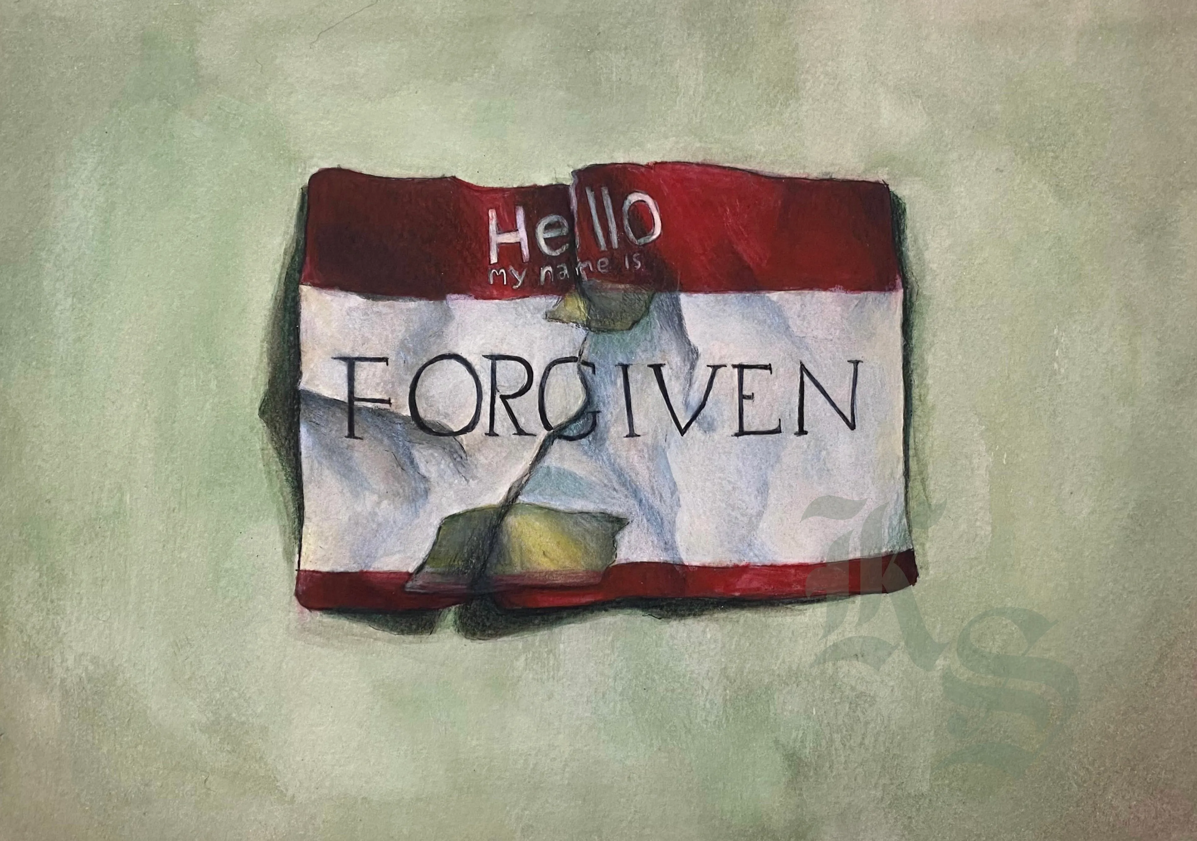 Painting of a creased “Hello, my name is” name tag with FORGIVEN written across it, set against a soft green-grey ground.
