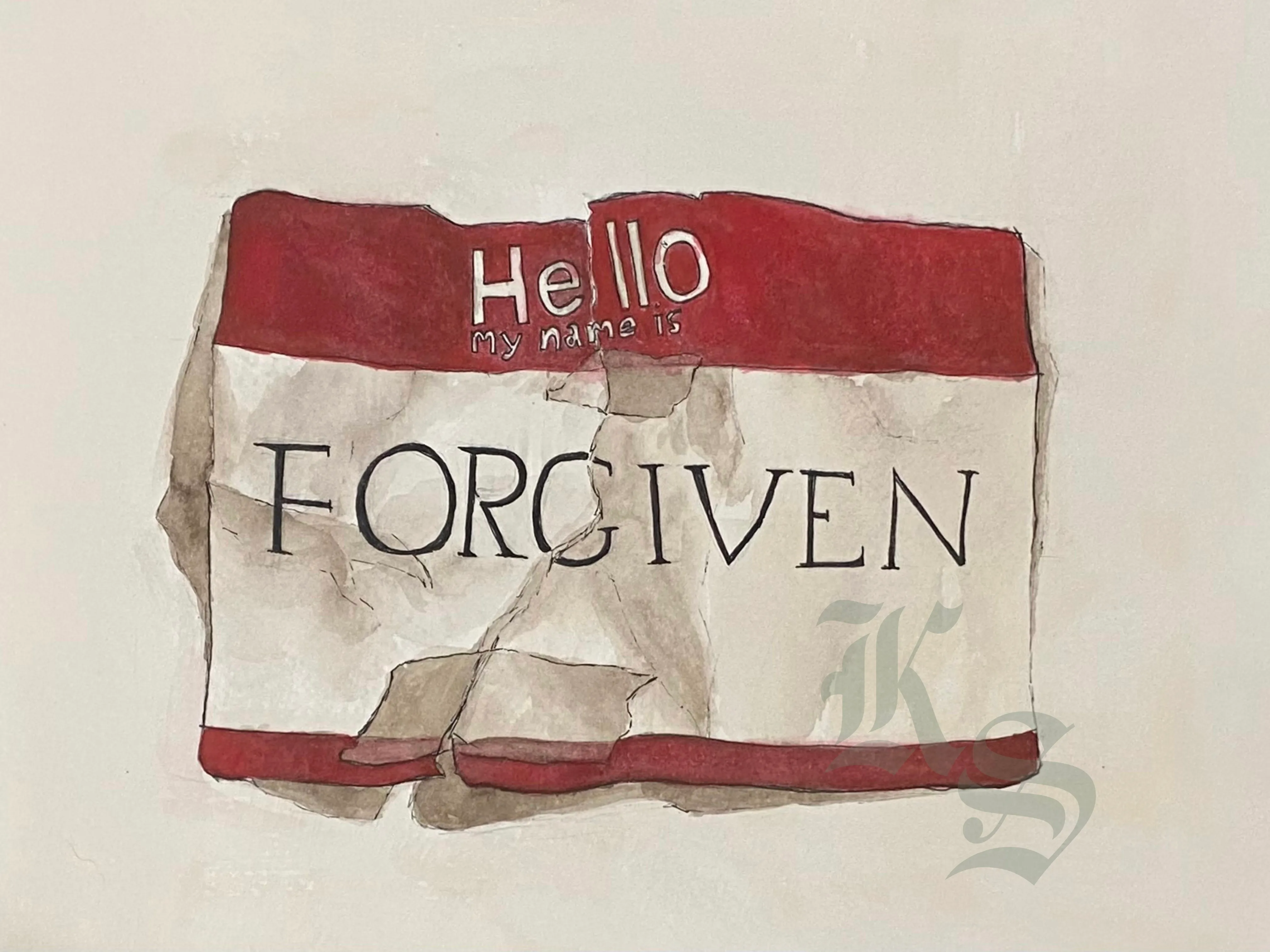 Painting of a torn and folded “Hello, my name is” name tag reading FORGIVEN, against a warm cream ground.