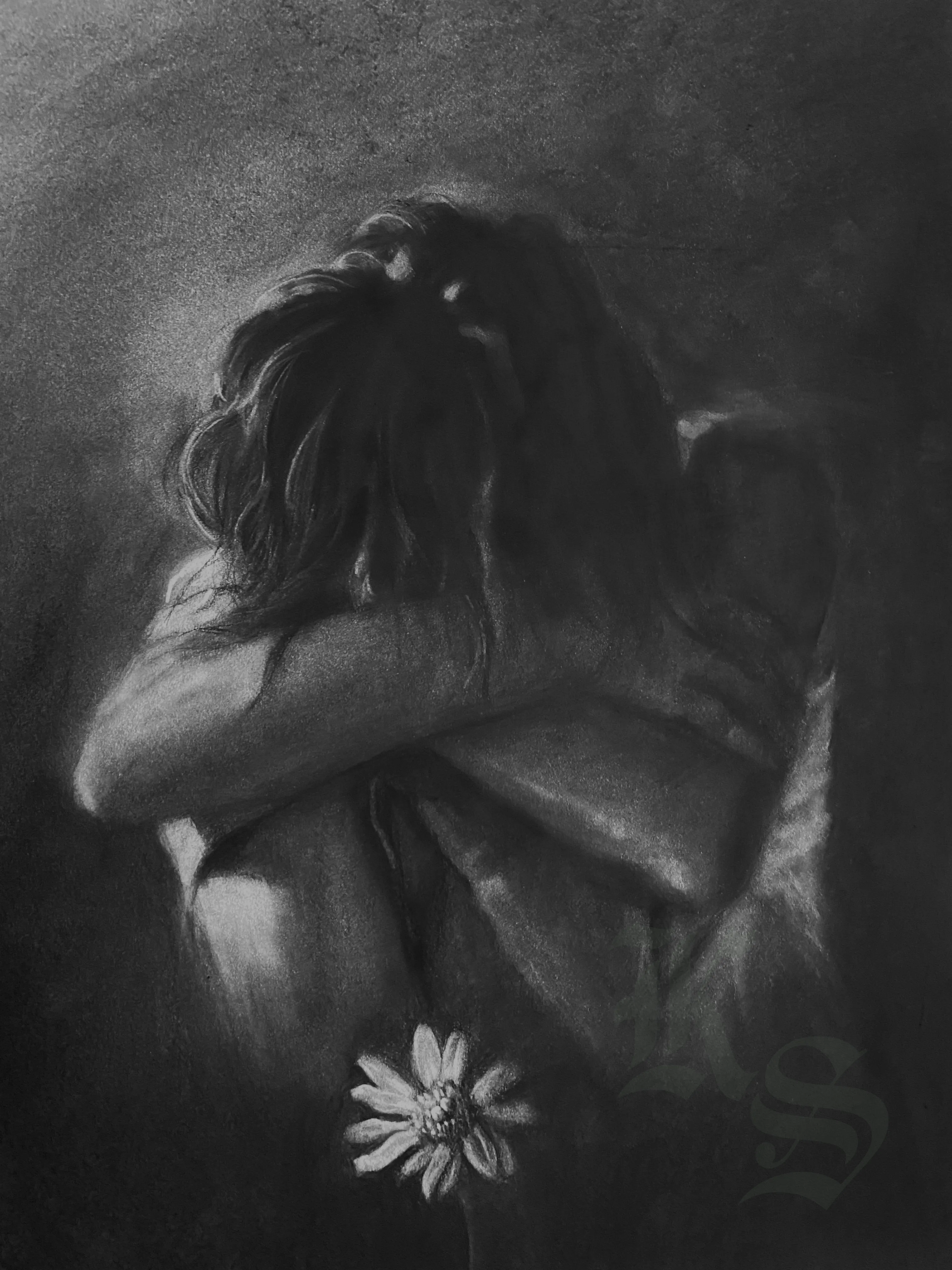 Charcoal drawing of a figure curled inward with head bowed and arms wrapped around the knees, a single daisy resting in the foreground.