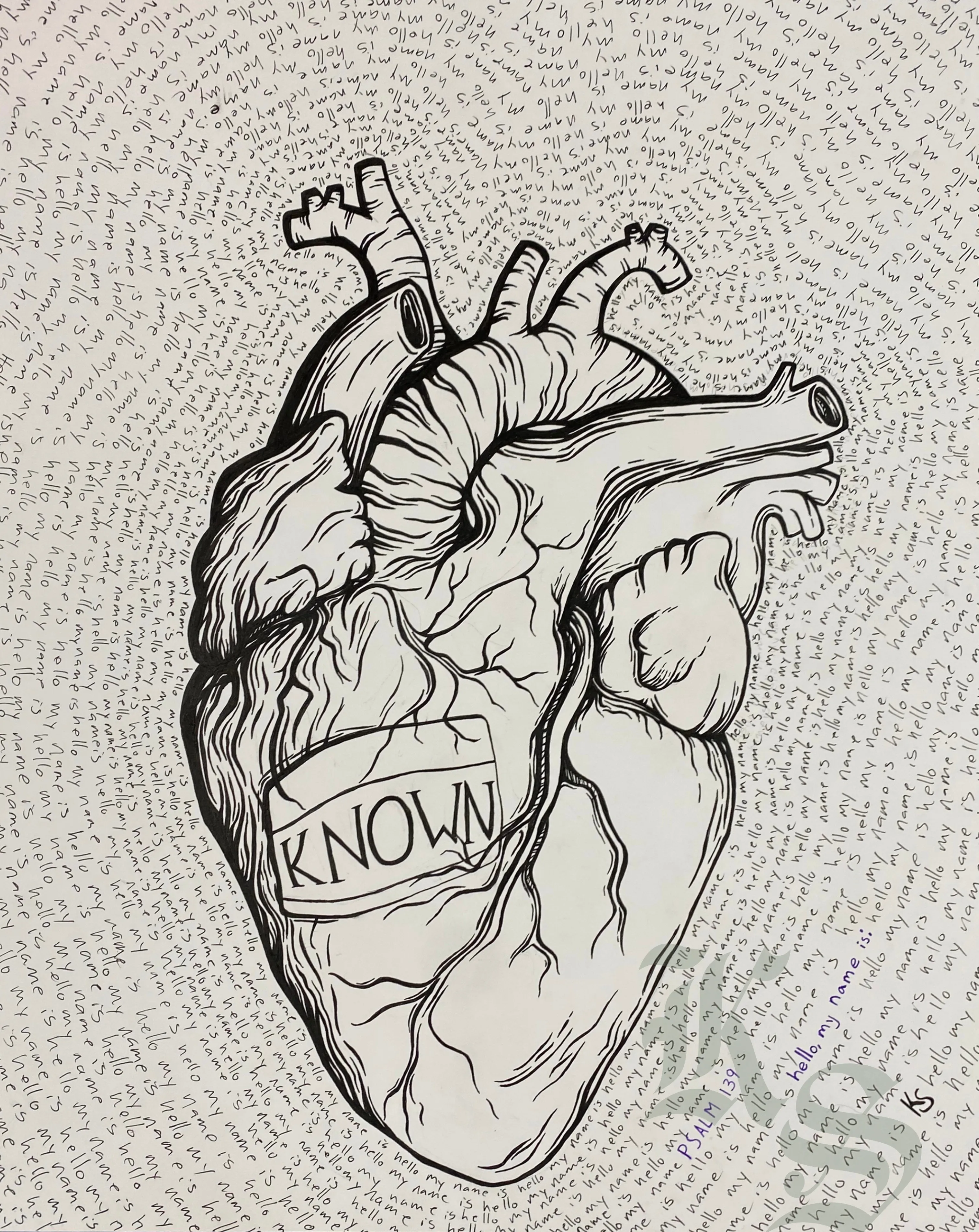 Ink drawing of an anatomical heart bearing a name tag that reads KNOWN, drawn over a page of dense handwritten text.