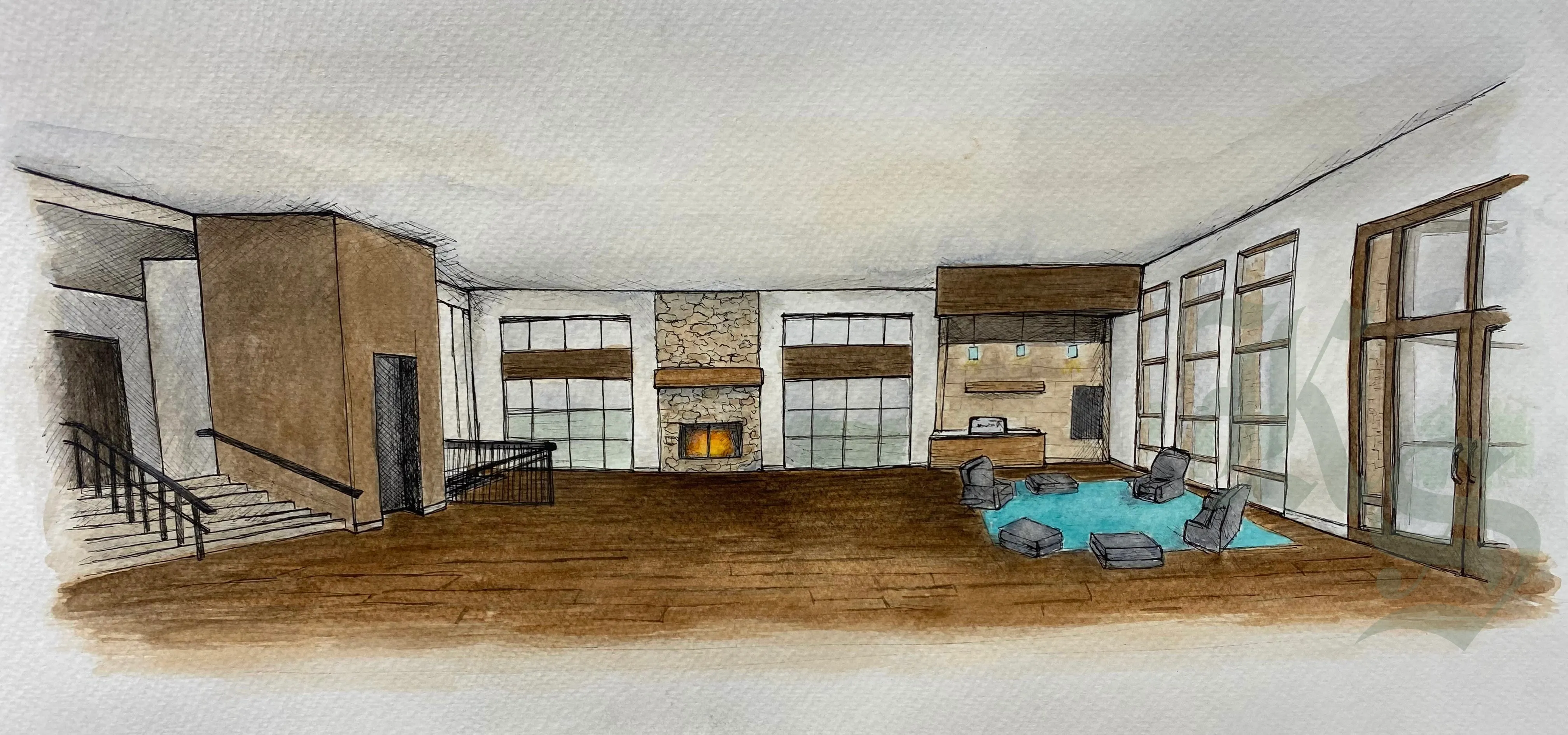 Watercolor interior rendering of an open living space with a stone fireplace, tall windows, wide plank floors and a staircase to one side.
