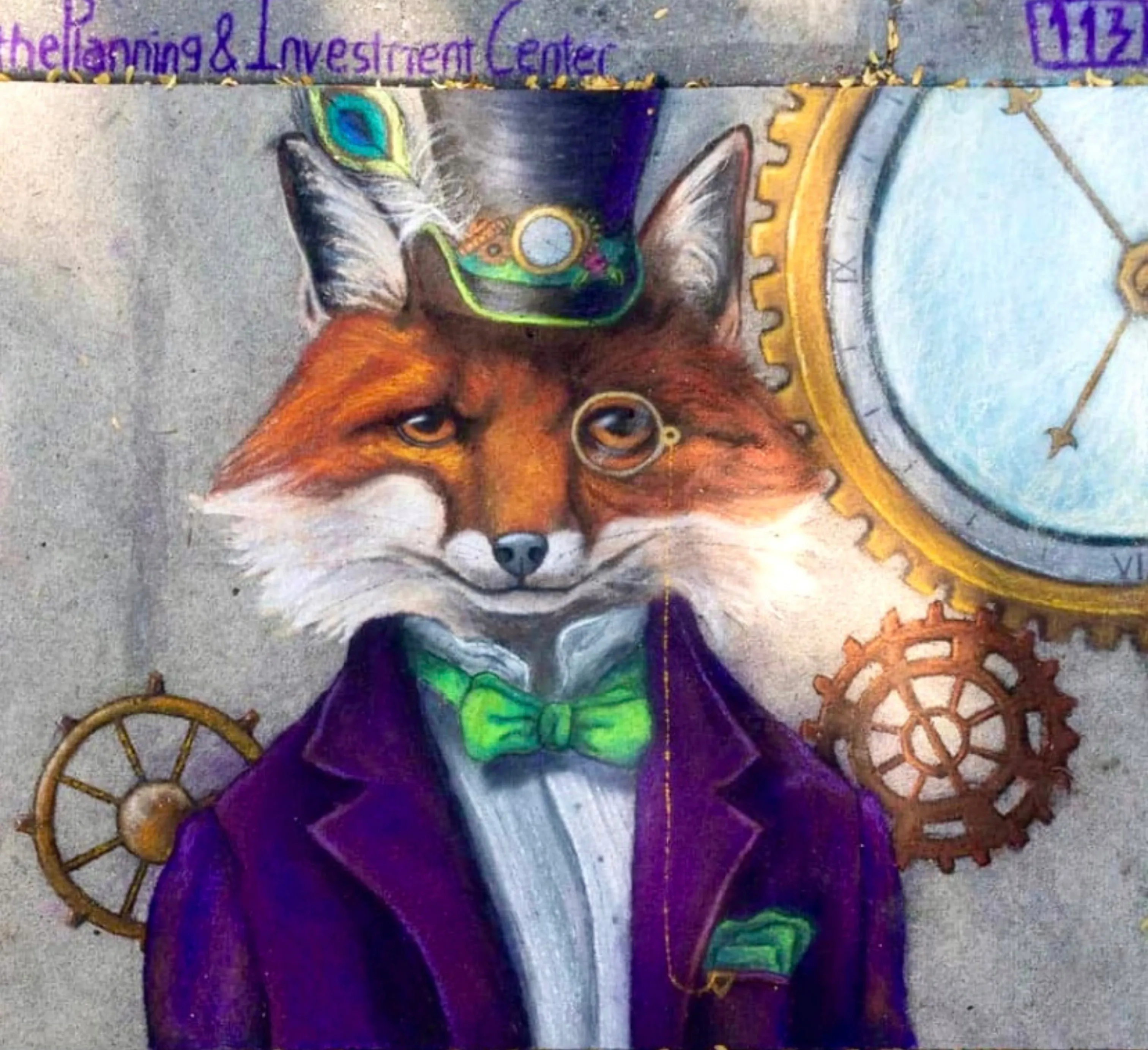 Street chalk drawing from Pastels on Fifth 2024: a steampunk fox in a purple coat, green bow tie, monocle and gear-trimmed top hat, beside a clock face and brass cogs.