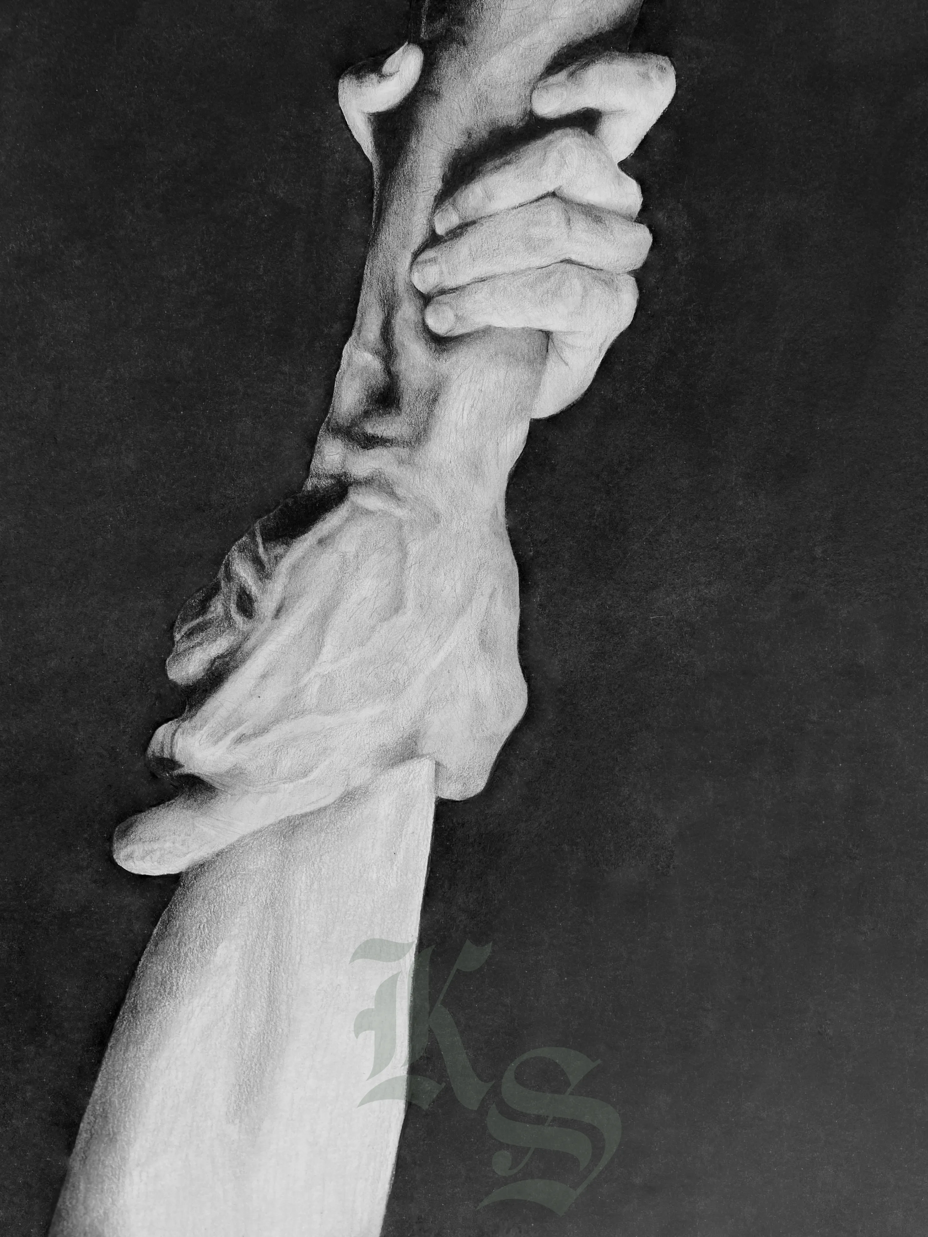 Charcoal drawing of two forearms locked in a wrist-to-wrist grip, tendons taut, against a black ground.