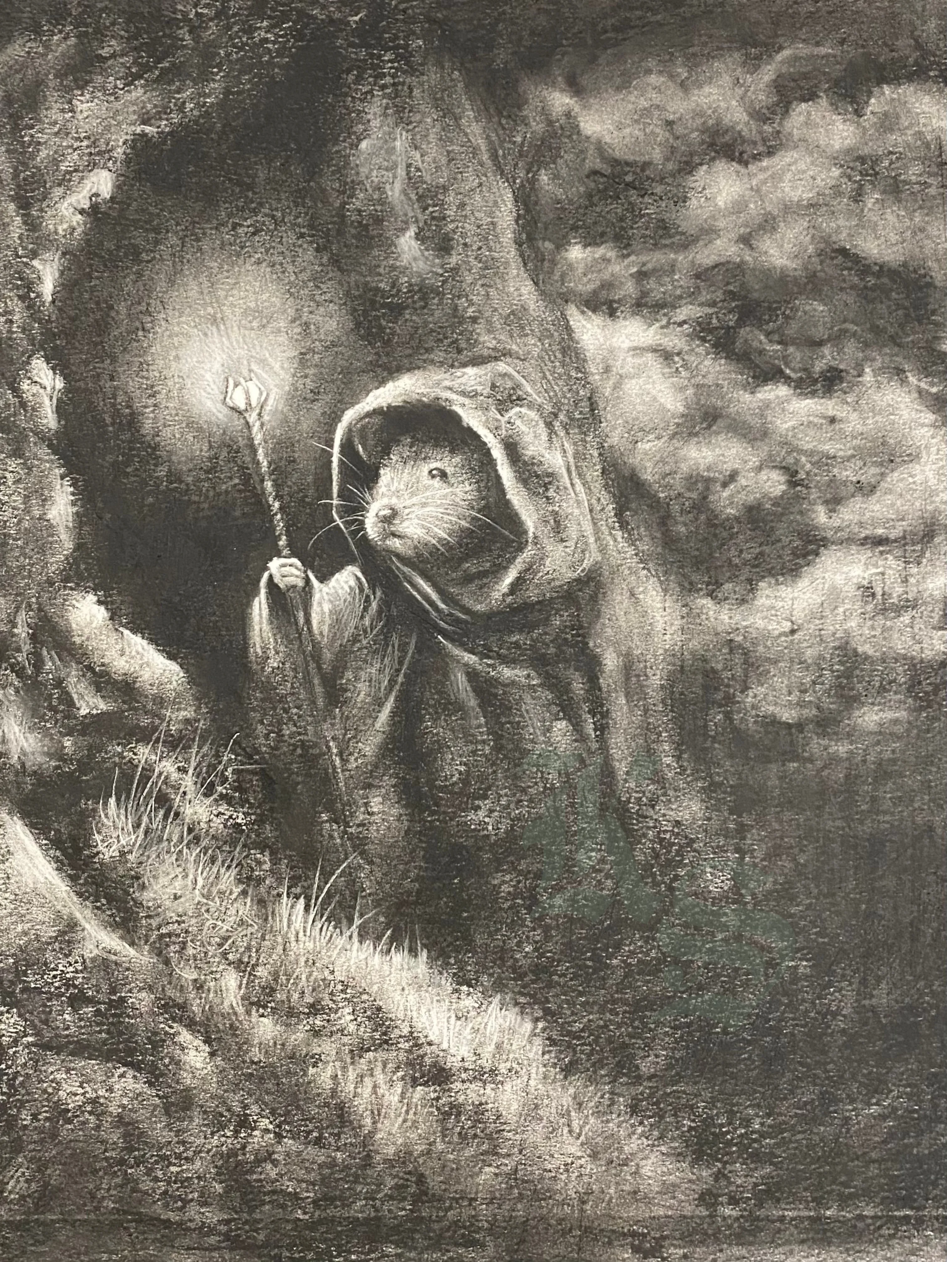 Charcoal drawing of a small mouse in a hooded cloak holding a glowing staff at the mouth of a burrow, storm clouds gathering beyond.