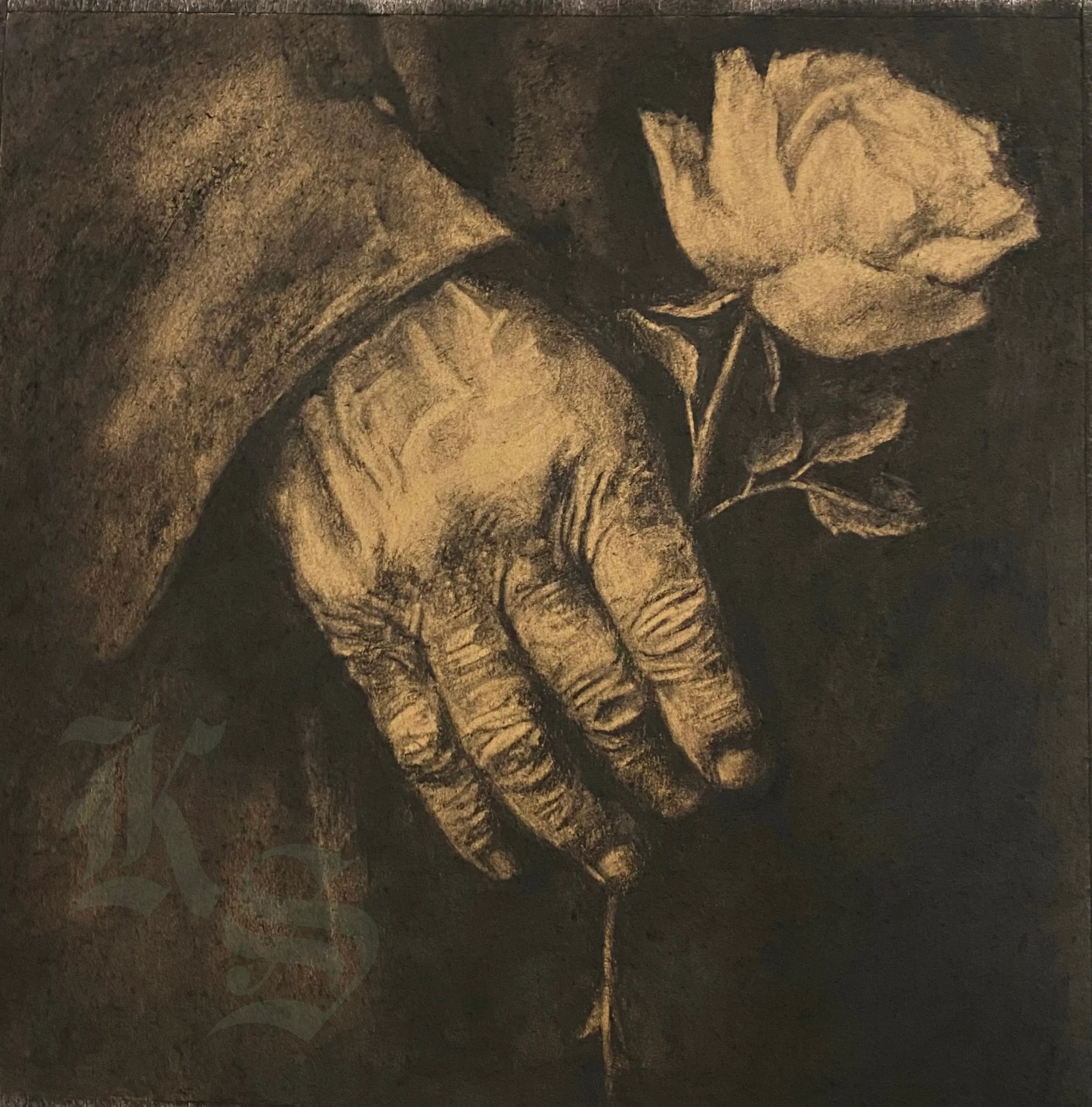 Charcoal drawing of an aged, deeply lined hand resting open beside a pale rose, lit warmly against darkness.