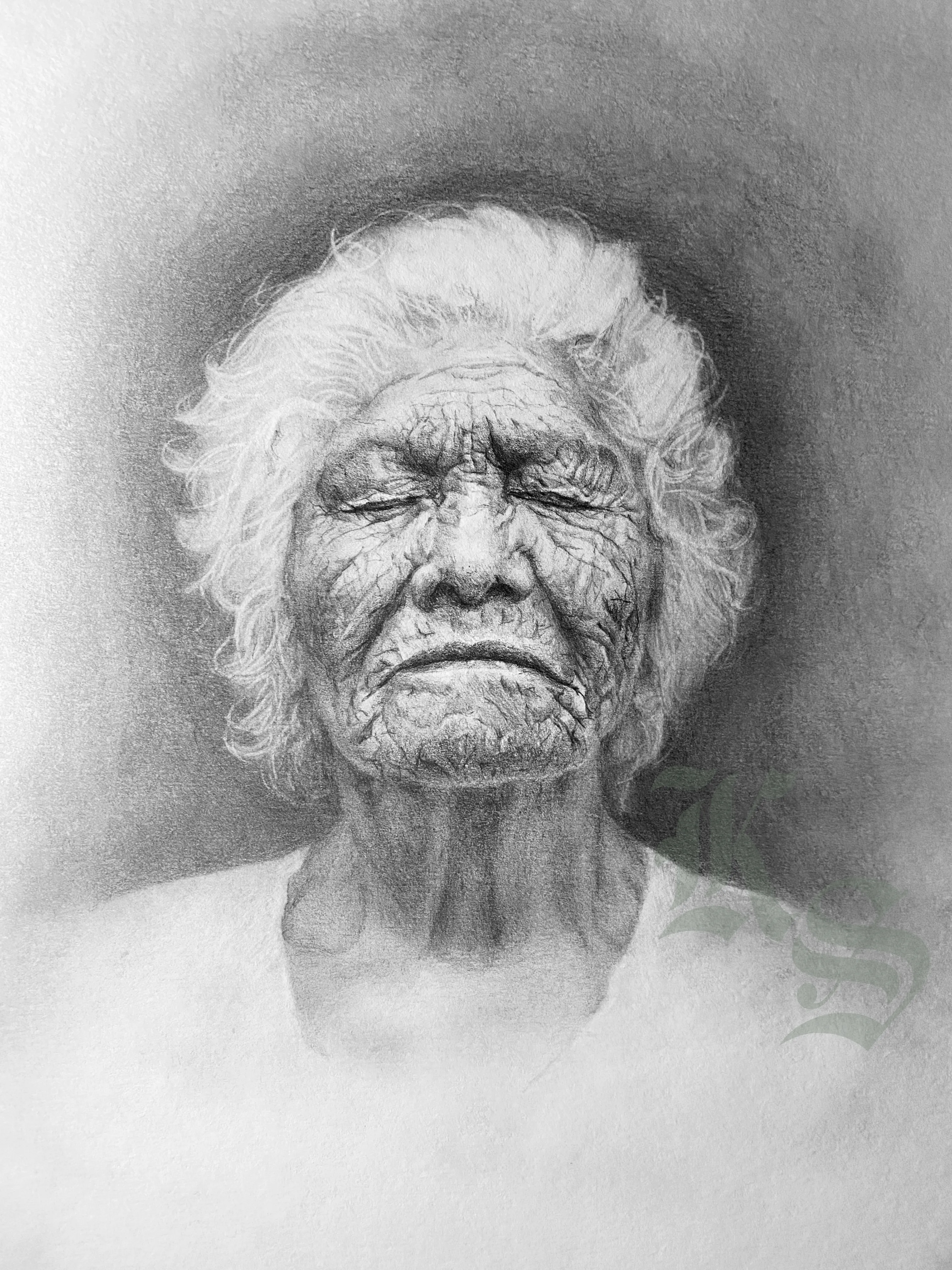 Graphite portrait of an elderly woman with soft white hair and closed eyes, her face carrying a lifetime of lines.
