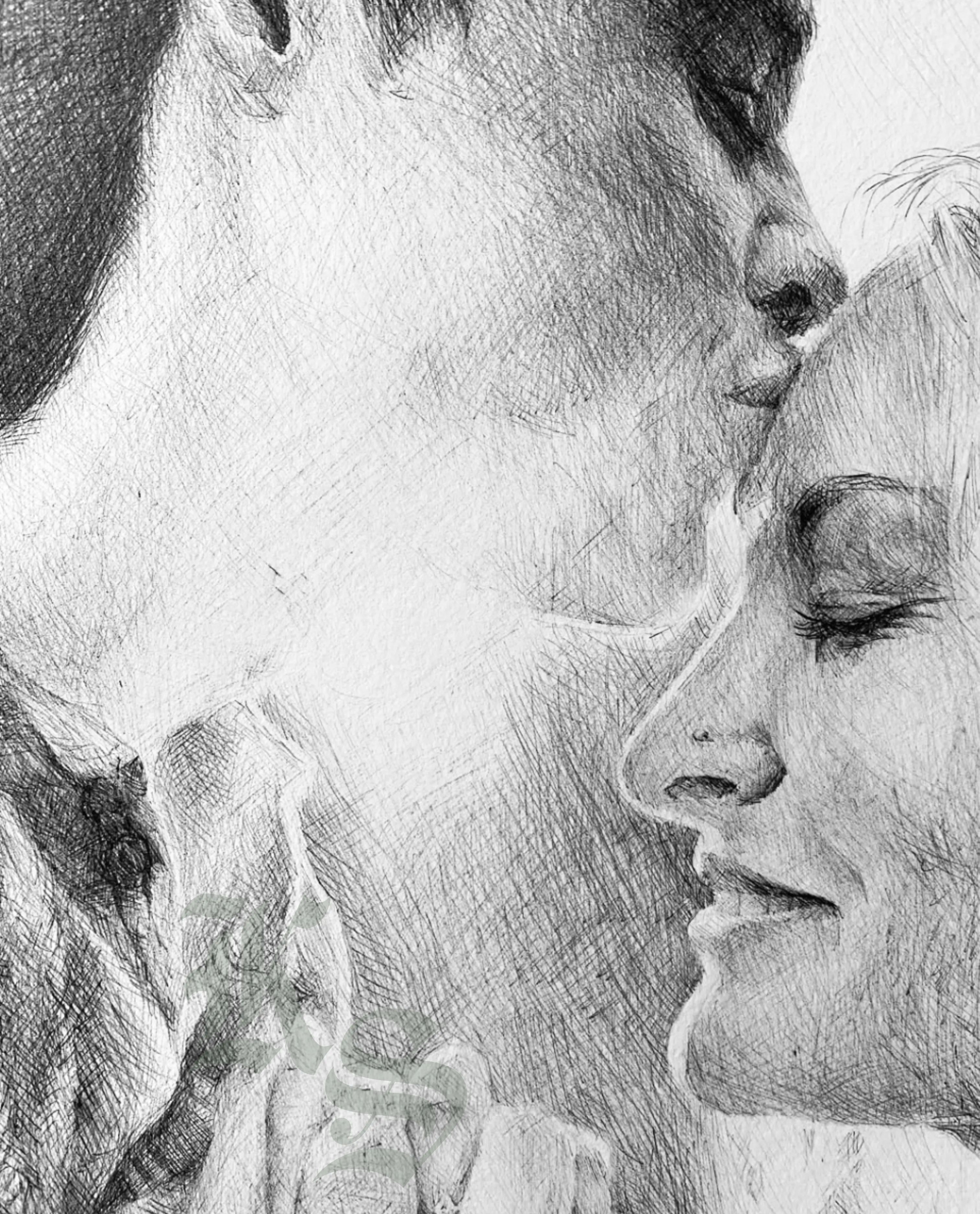 Graphite wedding portrait of a couple in profile, the groom pressing a kiss to the bride’s forehead as she closes her eyes.